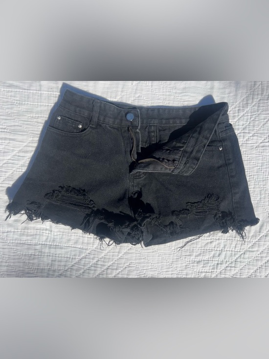 None Pants - Black Distressed Denim Shorts Size 28 Mid Rise Jean Shorts Frayed Hem Shorts